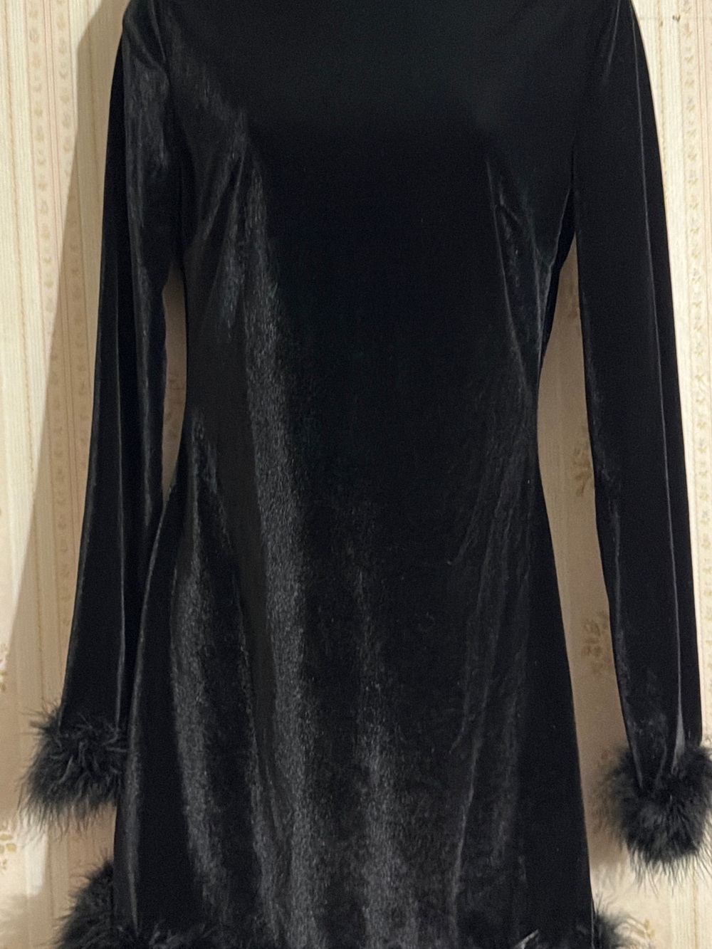 Witchy Black Velvet Long-Sleeve S-M Mini Dress Feather Trim Goth Whimsical